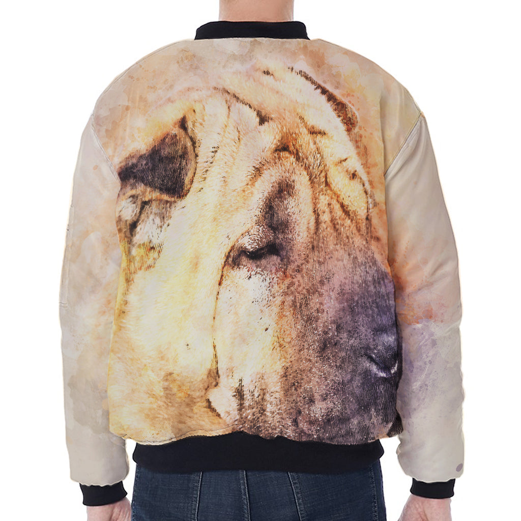Shar Pei Portrait Print Zip Sleeve Bomber Jacket