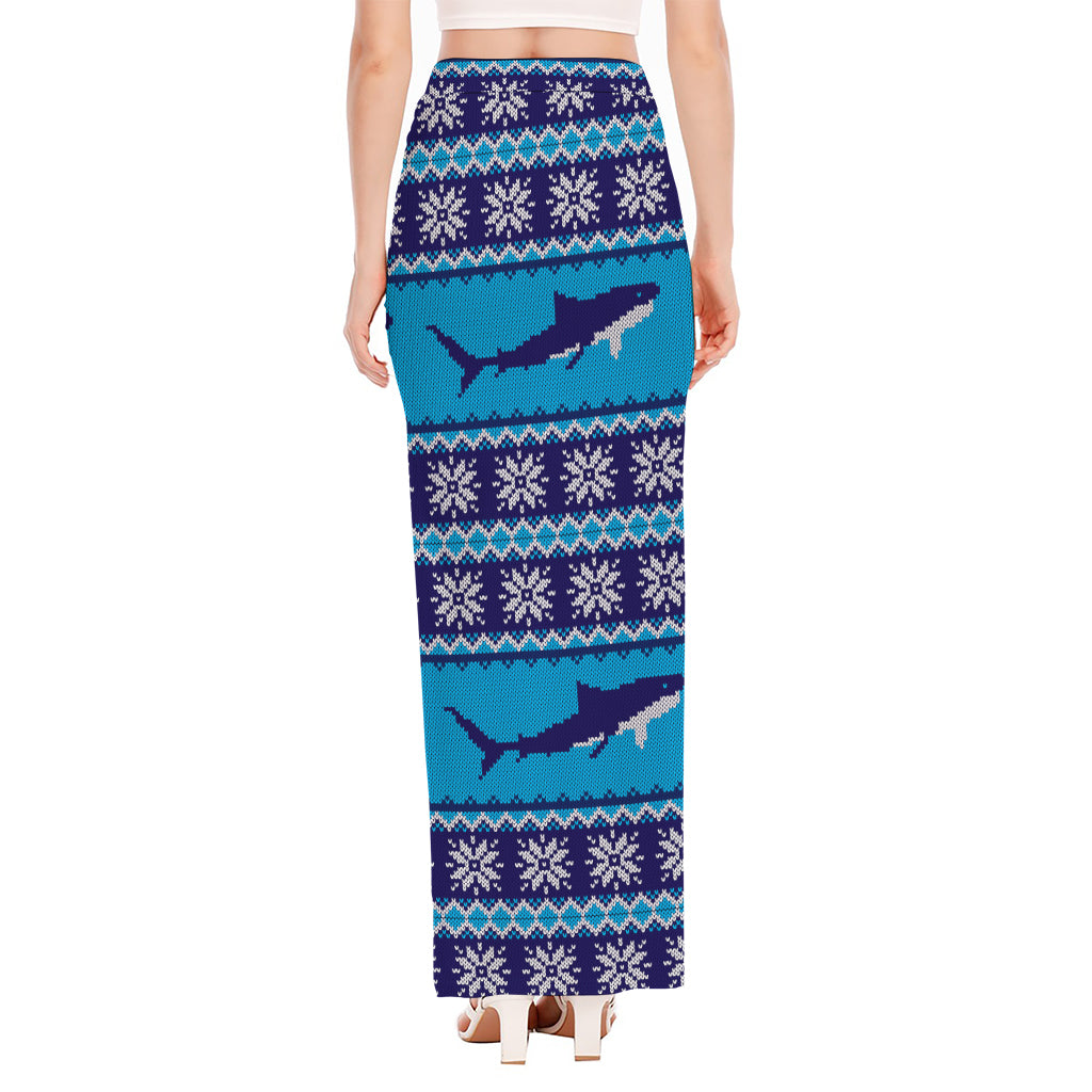 Shark Knitted Pattern Print High Slit Maxi Skirt