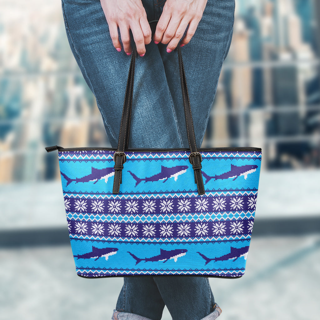 Shark Knitted Pattern Print Leather Tote Bag