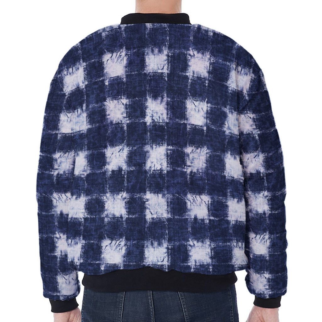 Shibori Grid Pattern Print Zip Sleeve Bomber Jacket