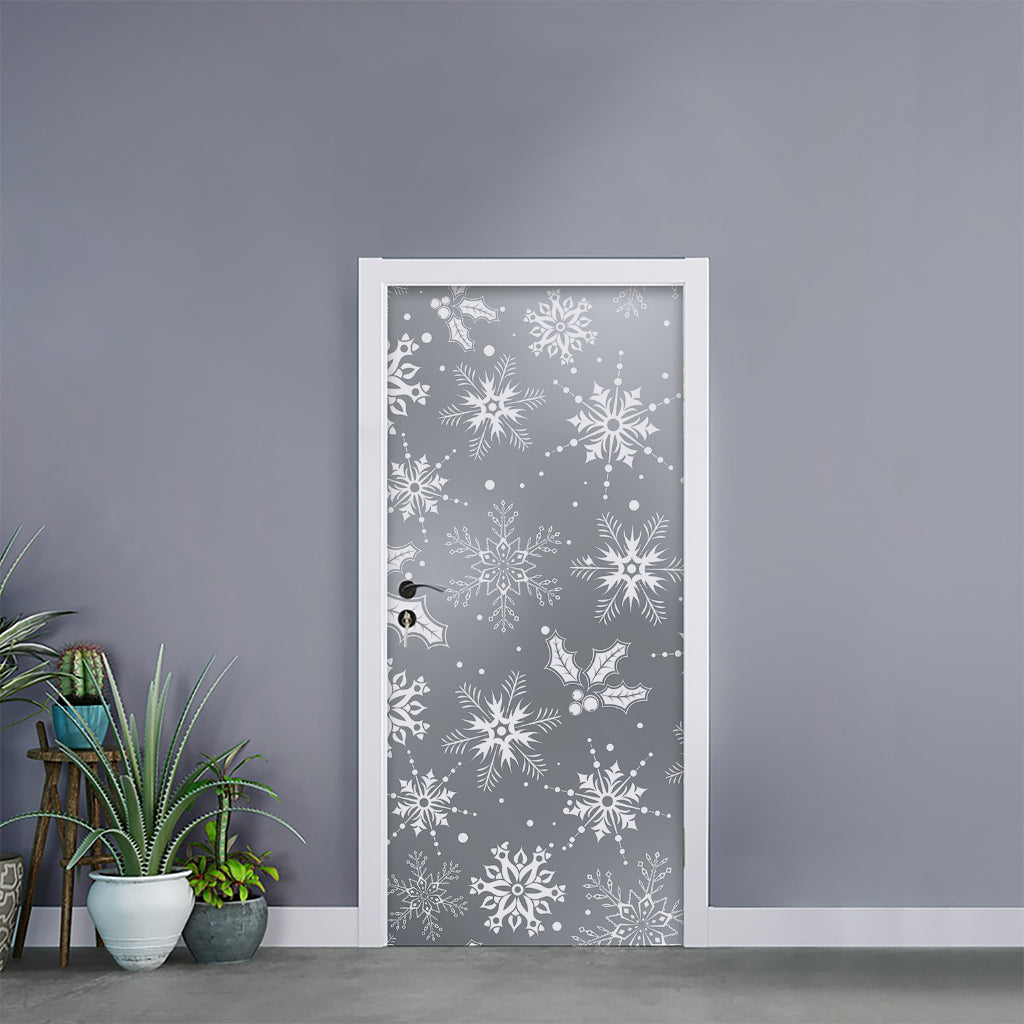 Silver And White Snowflake Pattern Print Door Sticker