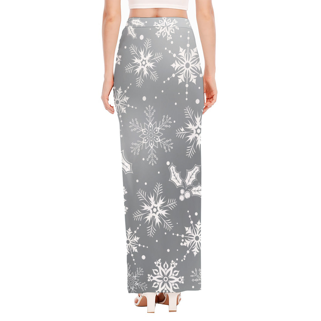 Silver And White Snowflake Pattern Print High Slit Maxi Skirt