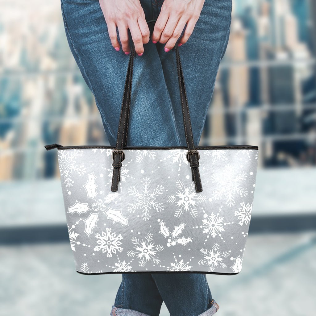 Silver And White Snowflake Pattern Print Leather Tote Bag