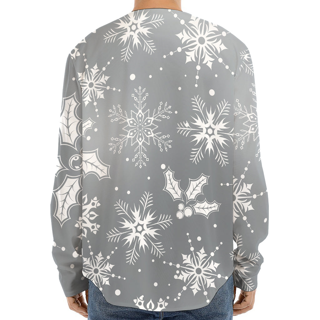 Silver And White Snowflake Pattern Print Long Sleeve Baseball Jersey