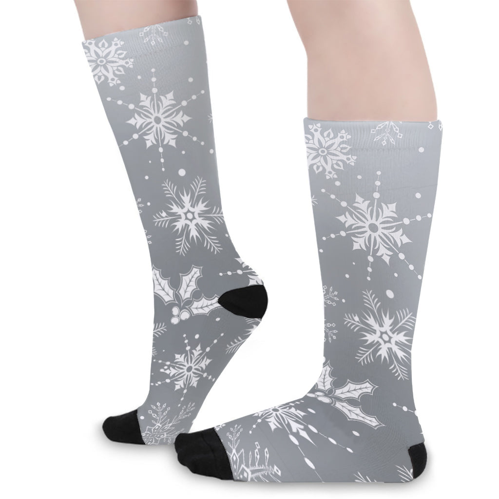 Silver And White Snowflake Pattern Print Long Socks
