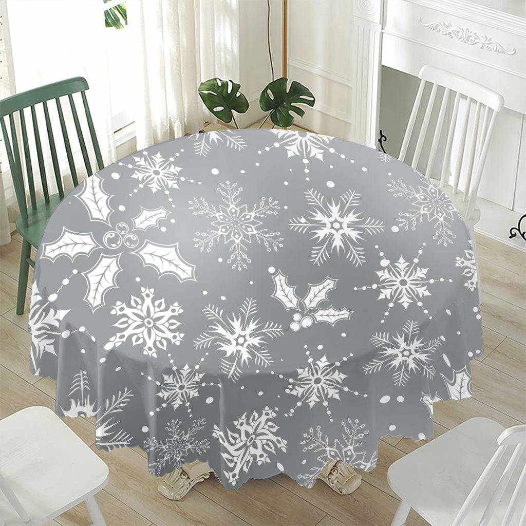 Silver And White Snowflake Pattern Print Waterproof Round Tablecloth