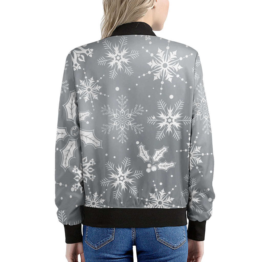 Silver And White Snowflake Pattern Print Women's Bomber Jacket