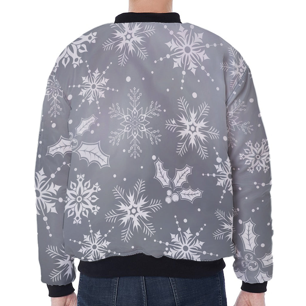 Silver And White Snowflake Pattern Print Zip Sleeve Bomber Jacket
