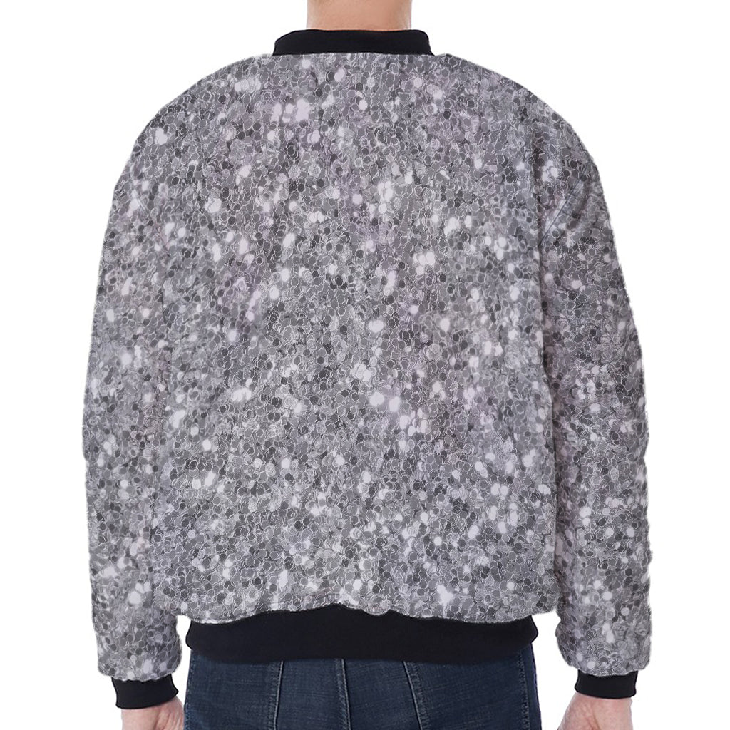 Silver (NOT Real) Glitter Print Zip Sleeve Bomber Jacket
