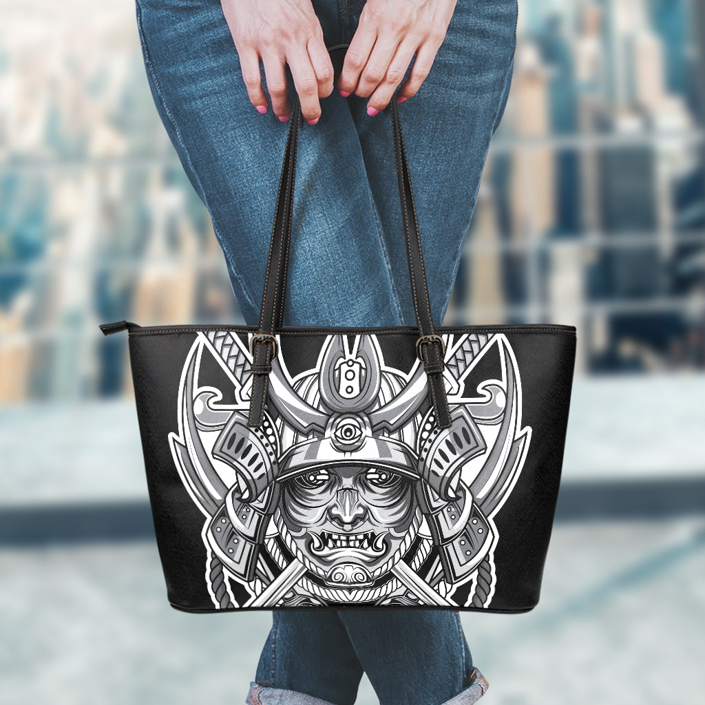 Silver Samurai Mask Print Leather Tote Bag