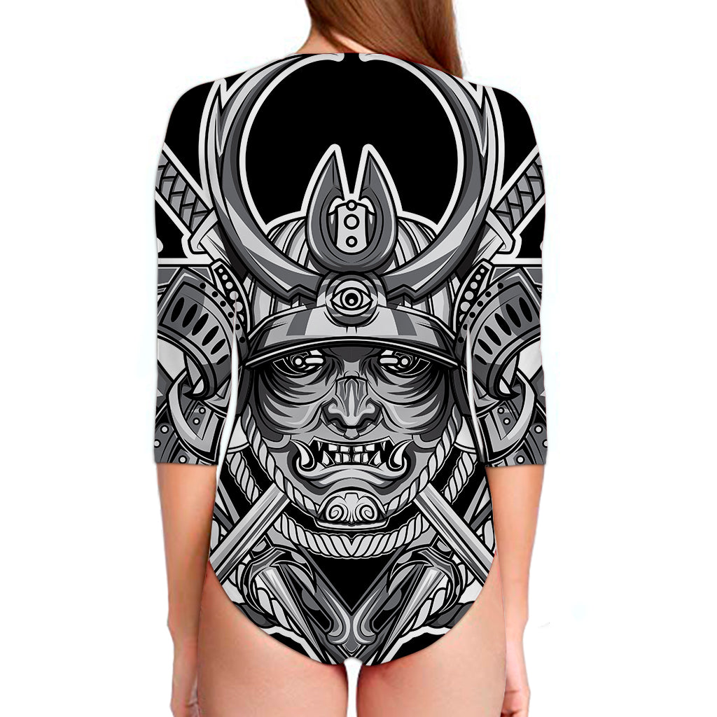 Silver Samurai Mask Print Long Sleeve Swimsuit
