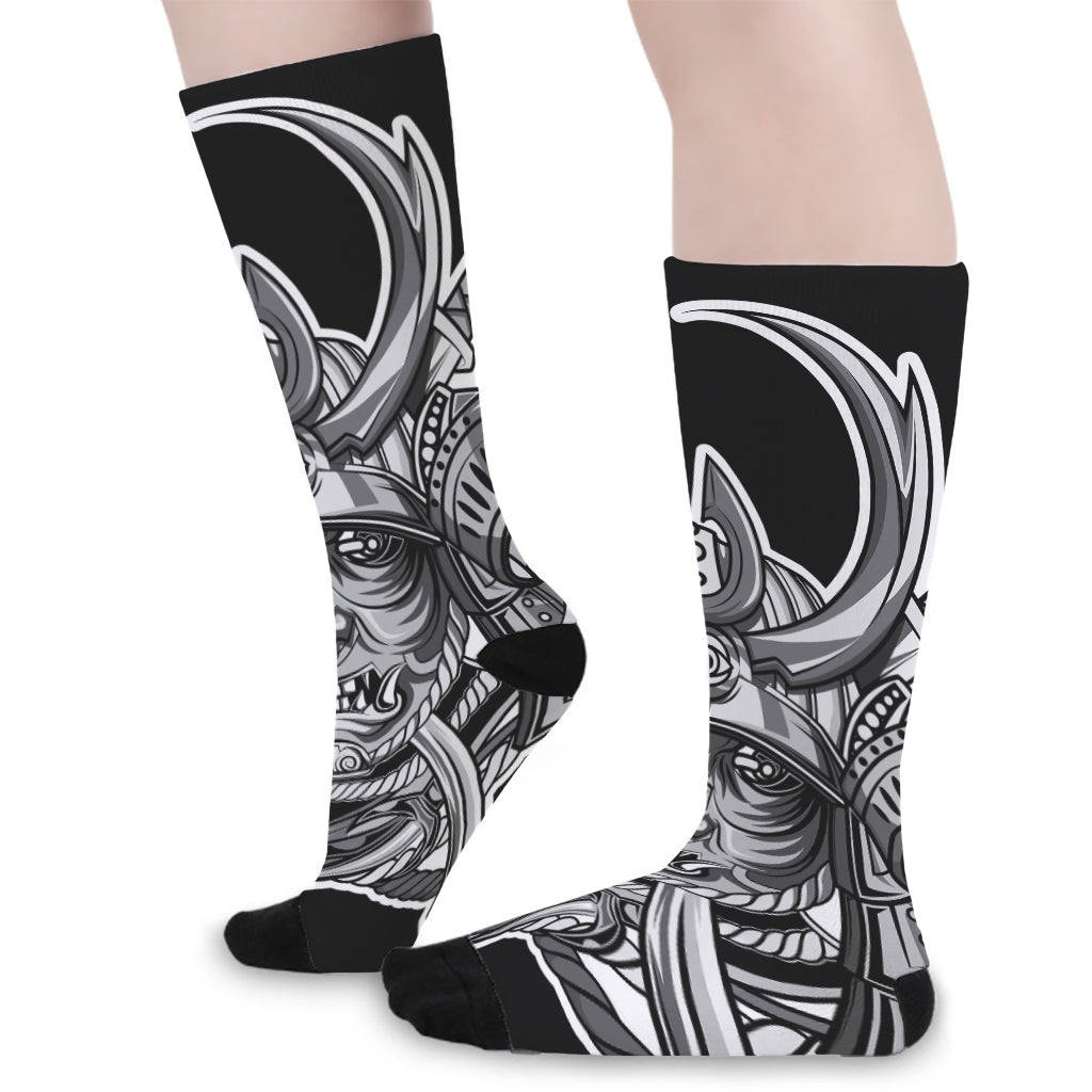 Silver Samurai Mask Print Long Socks
