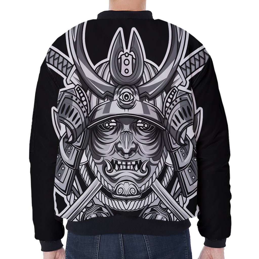 Silver Samurai Mask Print Zip Sleeve Bomber Jacket