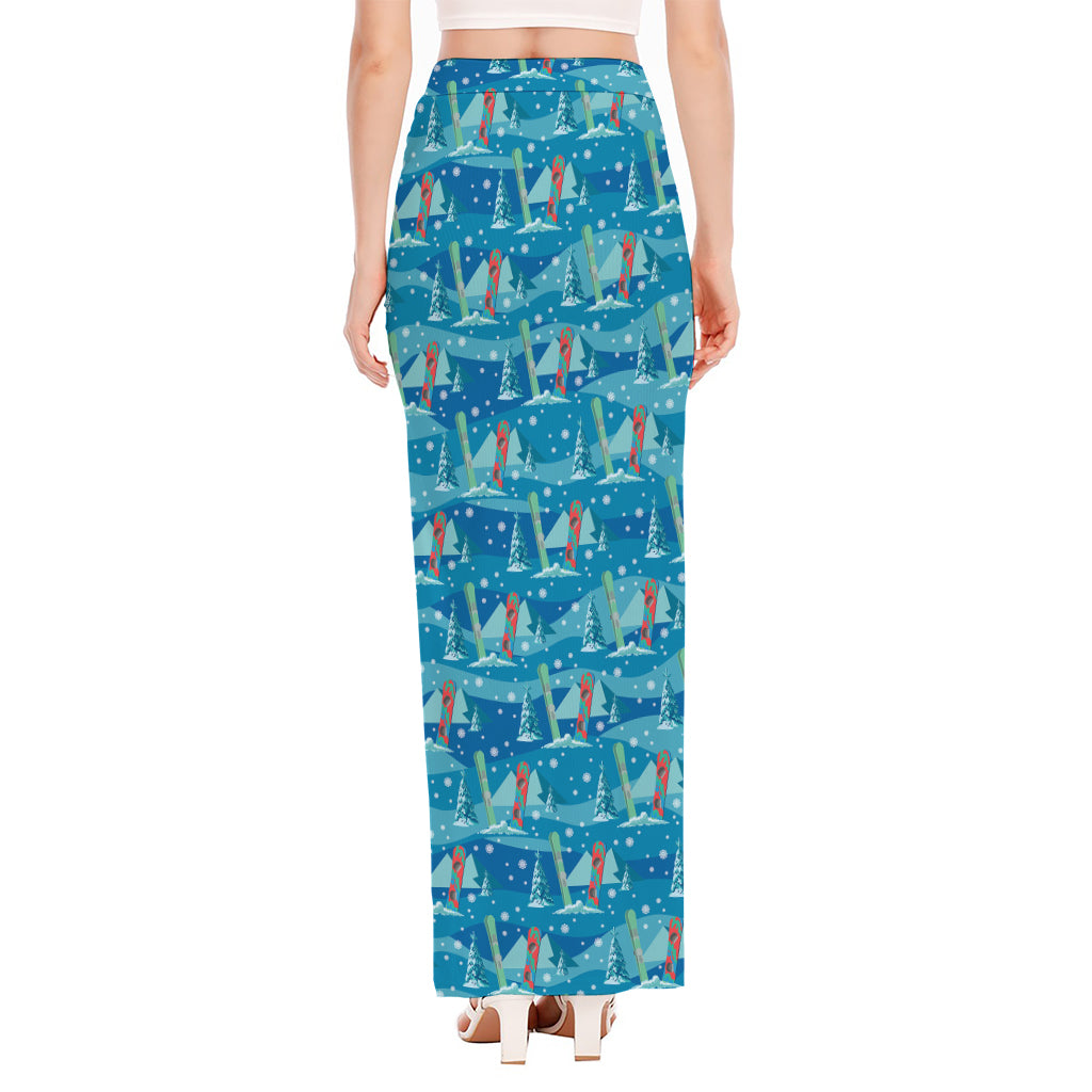 Ski And Snowboard Pattern Print High Slit Maxi Skirt