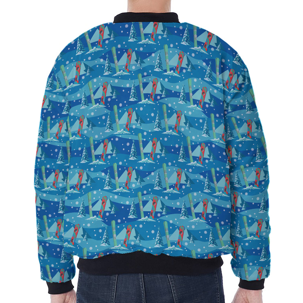 Ski And Snowboard Pattern Print Zip Sleeve Bomber Jacket