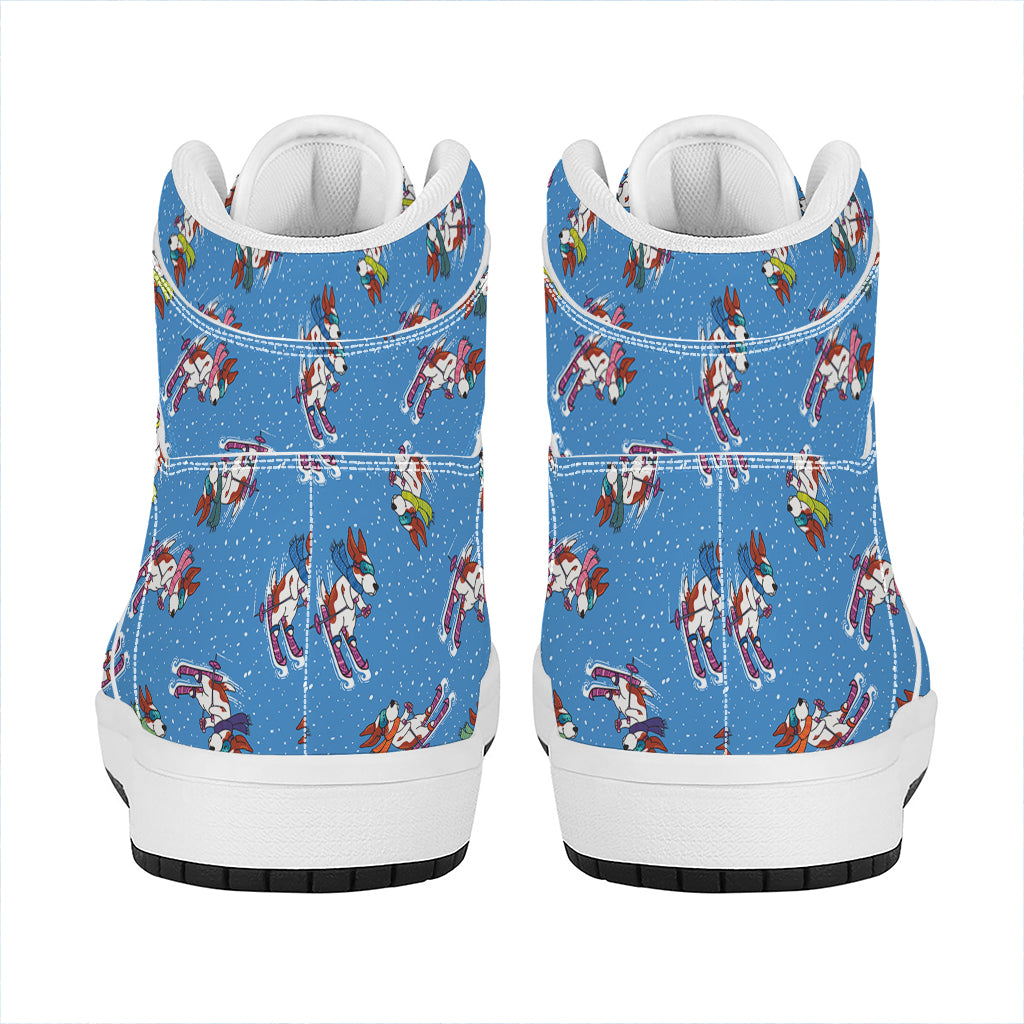 Skiing Dog Pattern Print High Top Leather Sneakers