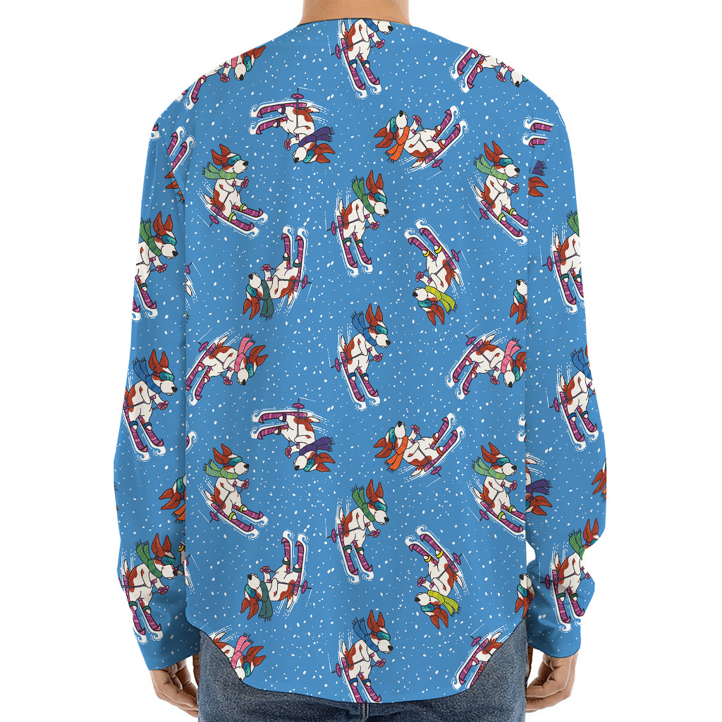 Skiing Dog Pattern Print Long Sleeve Baseball Jersey