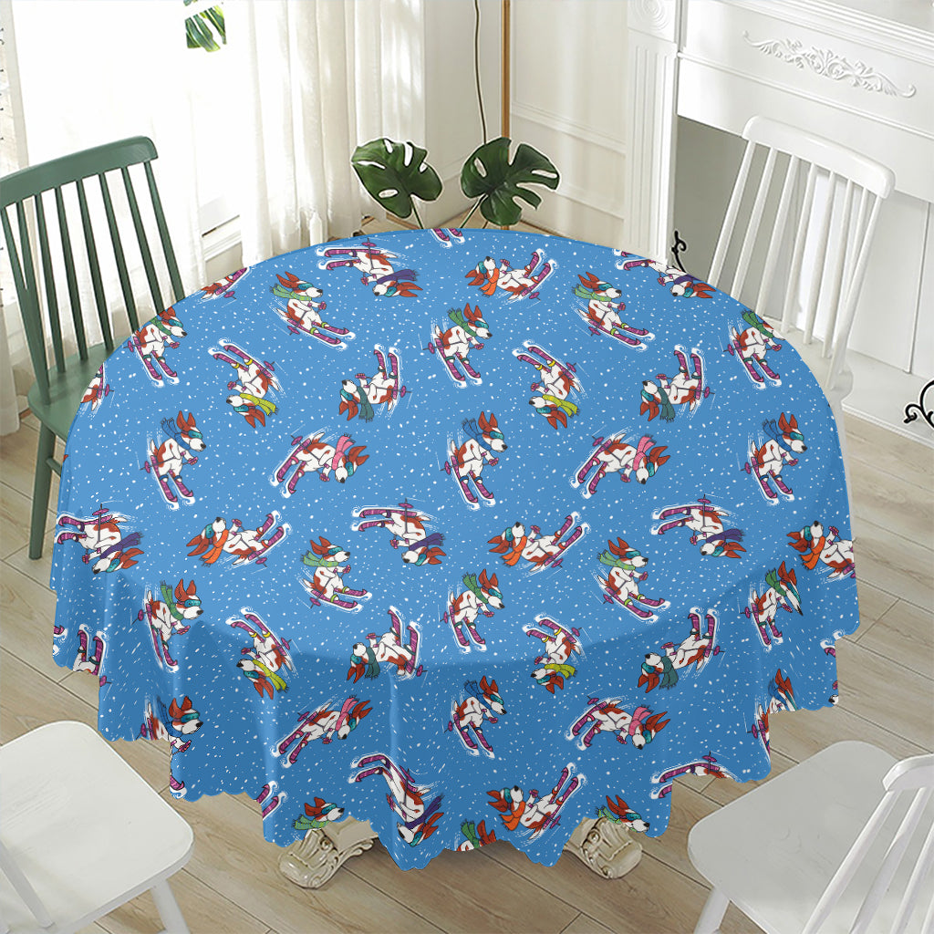 Skiing Dog Pattern Print Waterproof Round Tablecloth