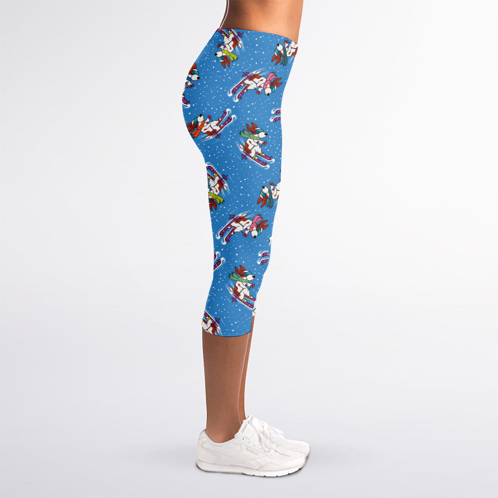 Skiing Dog Pattern Print Women's Capri Leggings