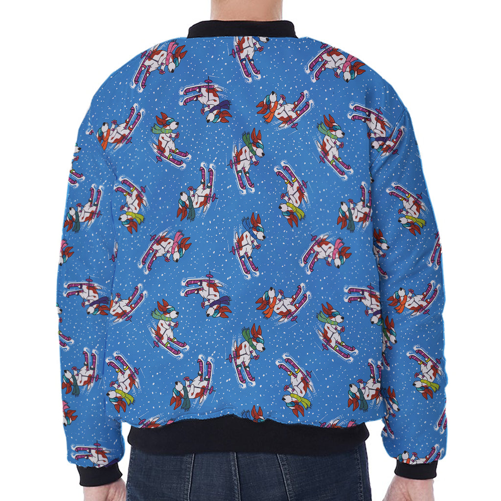 Skiing Dog Pattern Print Zip Sleeve Bomber Jacket
