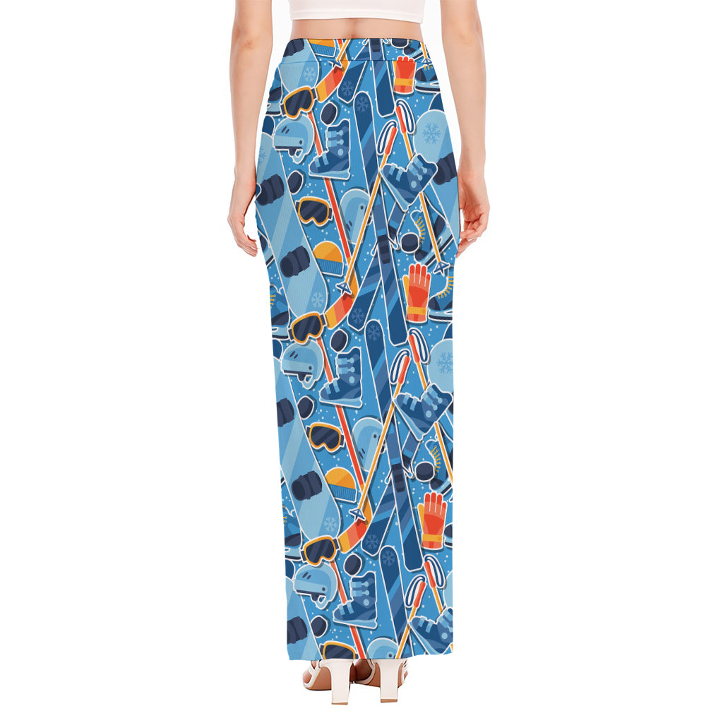 Skiing Equipment Pattern Print High Slit Maxi Skirt