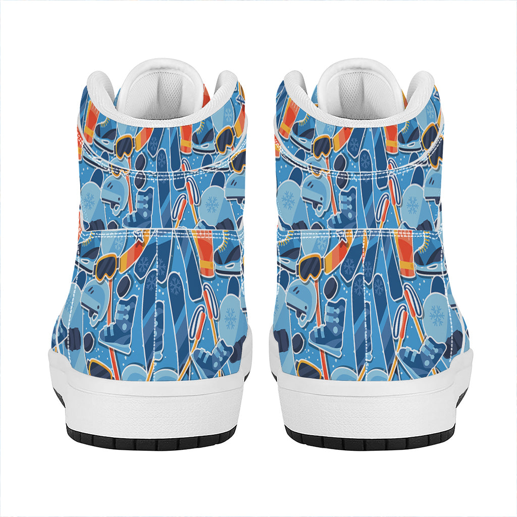 Skiing Equipment Pattern Print High Top Leather Sneakers