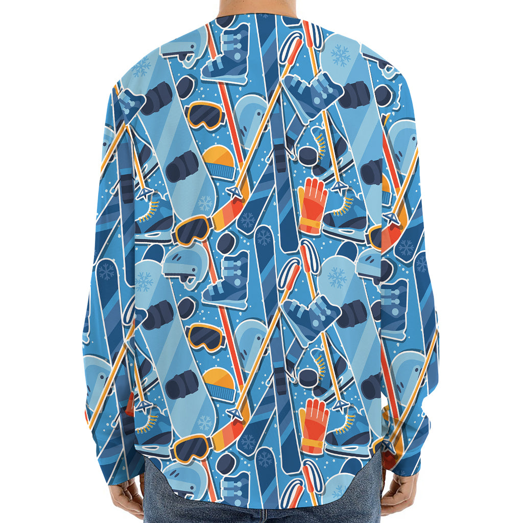 Skiing Equipment Pattern Print Long Sleeve Baseball Jersey