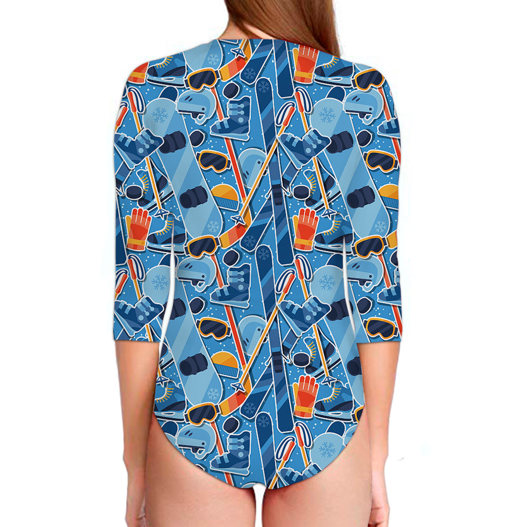 Skiing Equipment Pattern Print Long Sleeve Swimsuit