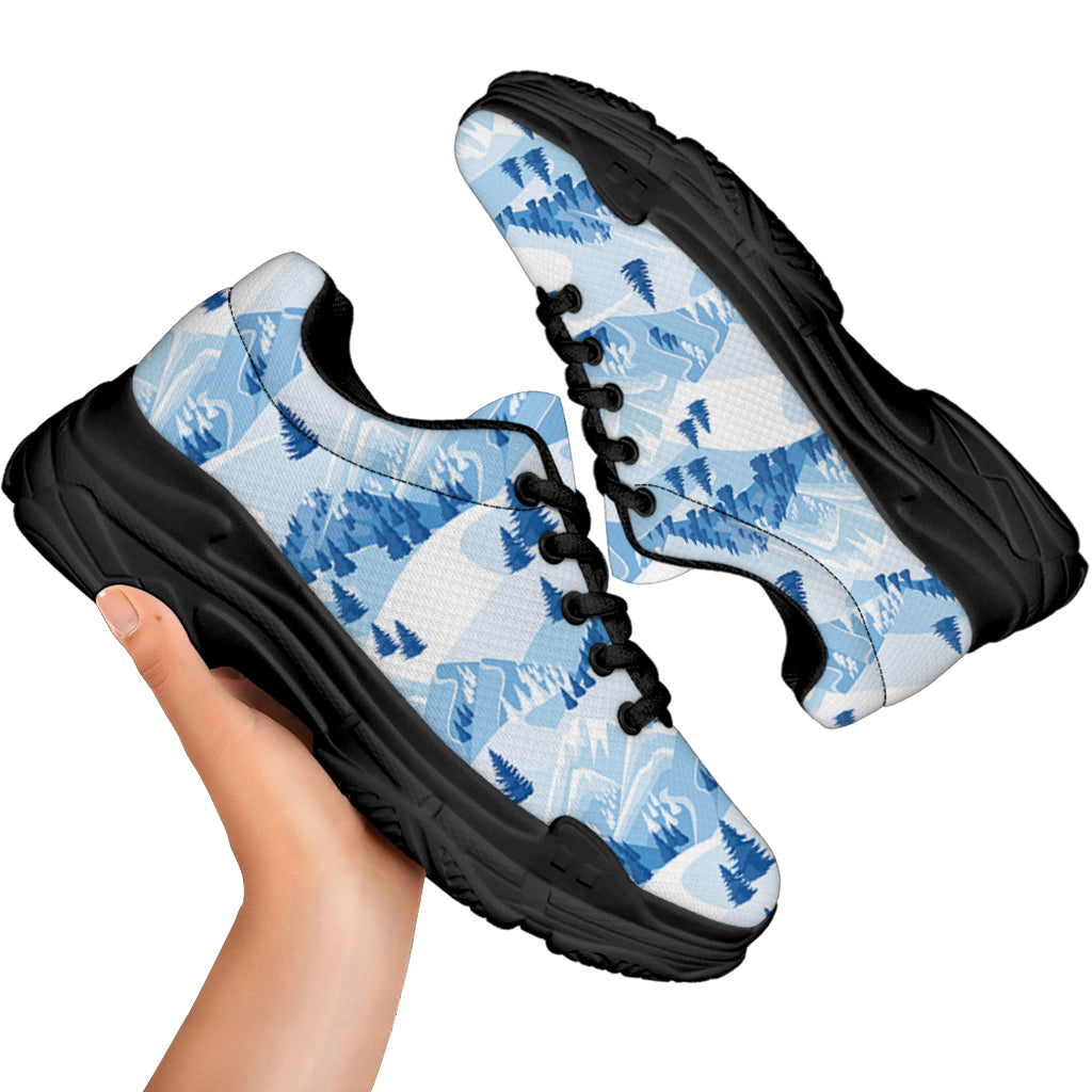 Skiing Mountain Print Black Chunky Shoes