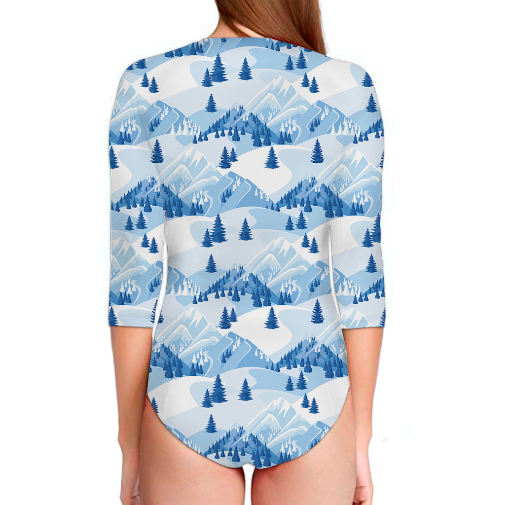 Skiing Mountain Print Long Sleeve Swimsuit
