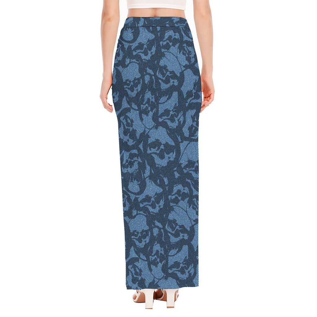 Skull Denim Jeans Pattern Print High Slit Maxi Skirt