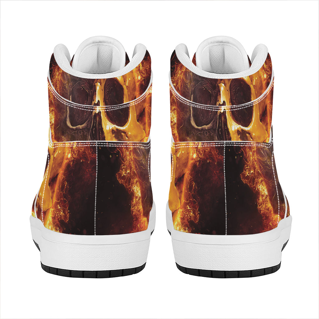 Skull In Flames Print High Top Leather Sneakers
