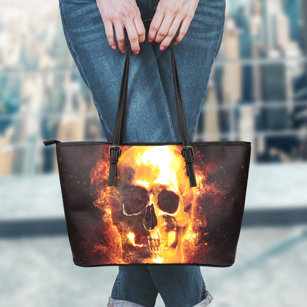 Skull In Flames Print Leather Tote Bag