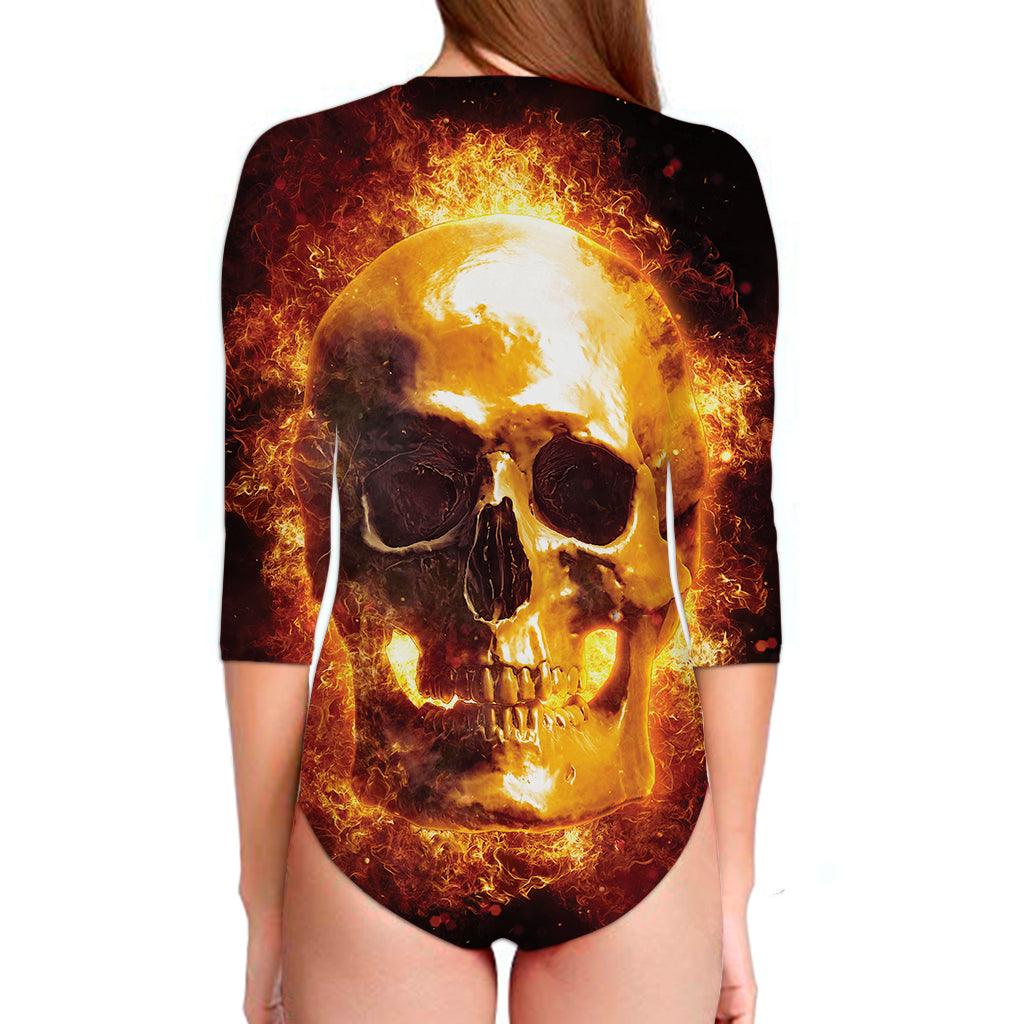 Skull In Flames Print Long Sleeve Swimsuit