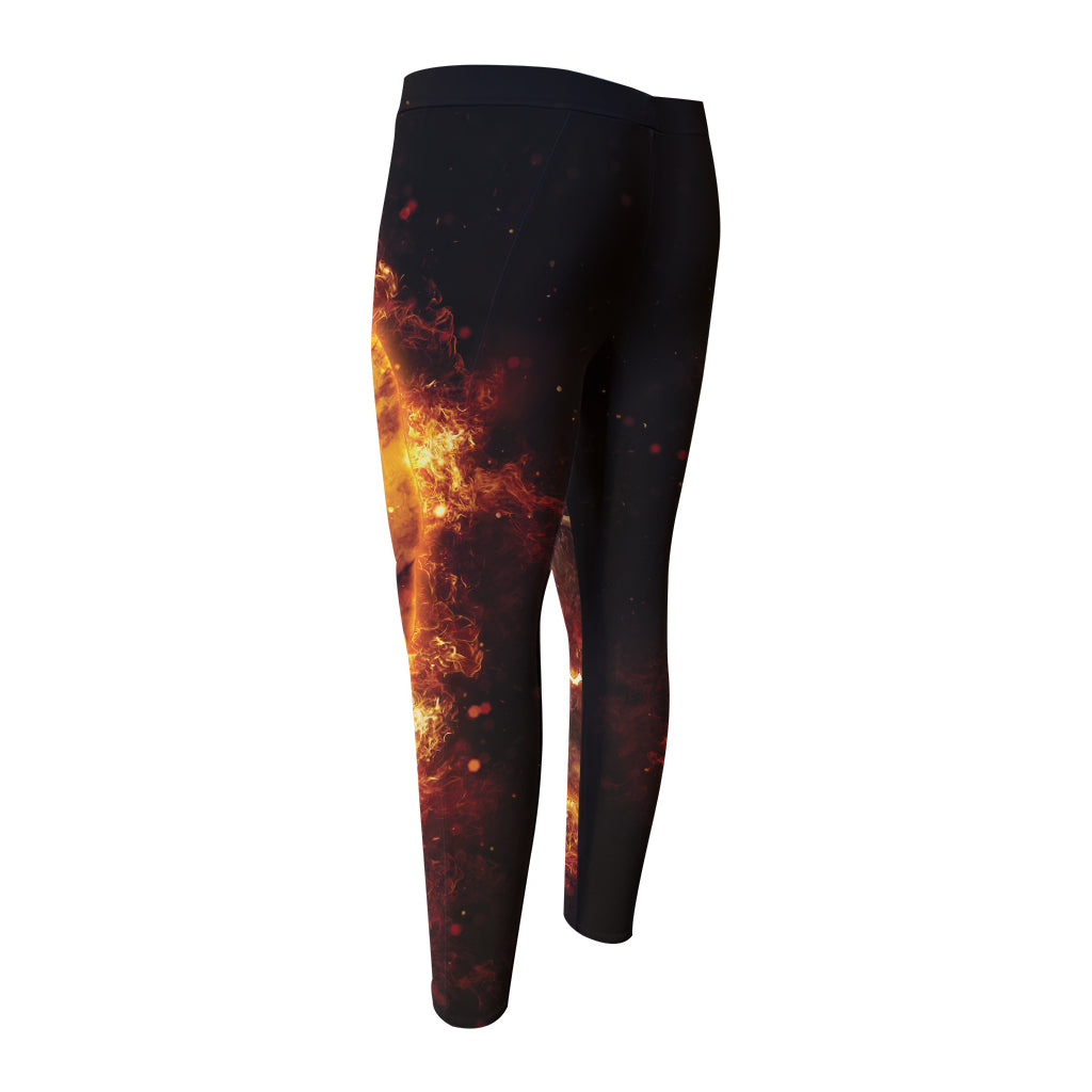 Skull In Flames Print Men's Compression Pants