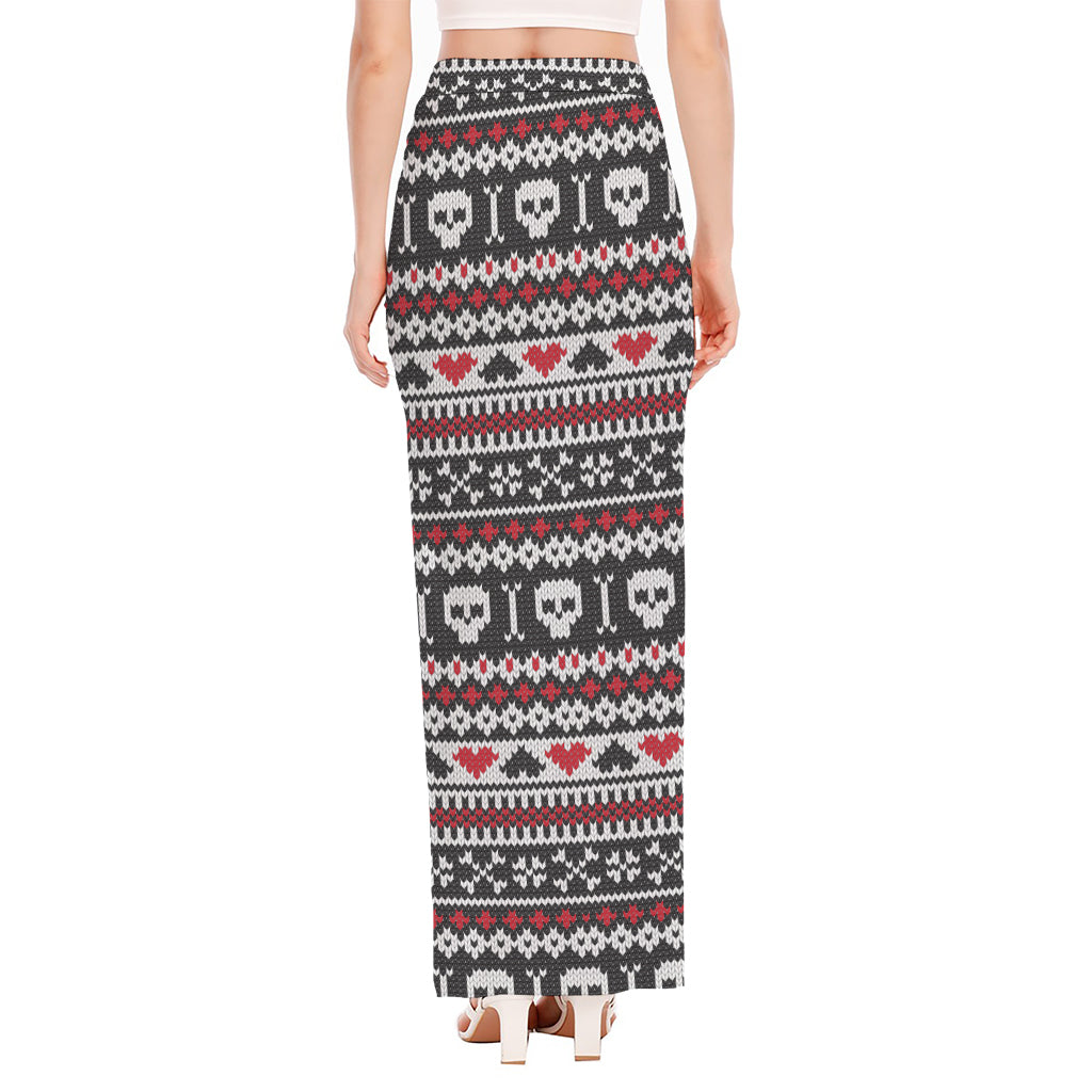 Skull Knitted Pattern Print High Slit Maxi Skirt