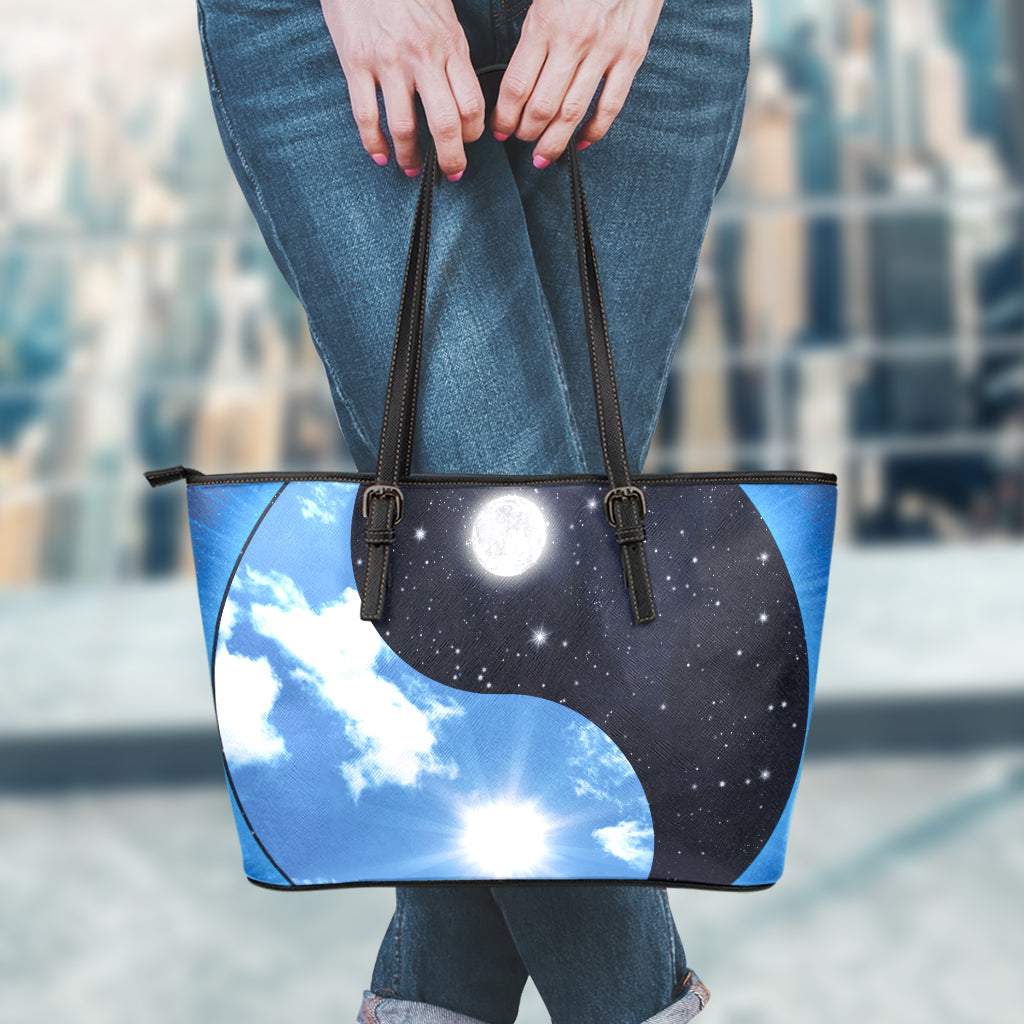 Sky And Space Yin Yang Print Leather Tote Bag