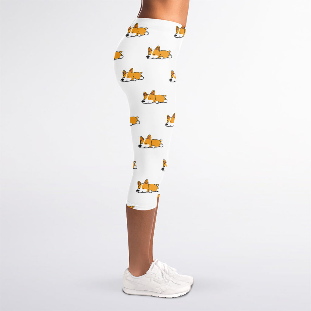 Sleeping Corgi Pattern Print Women's Capri Leggings