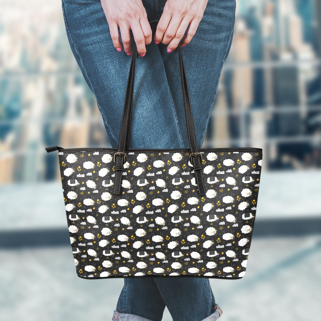 Sleeping Sheep Pattern Print Leather Tote Bag