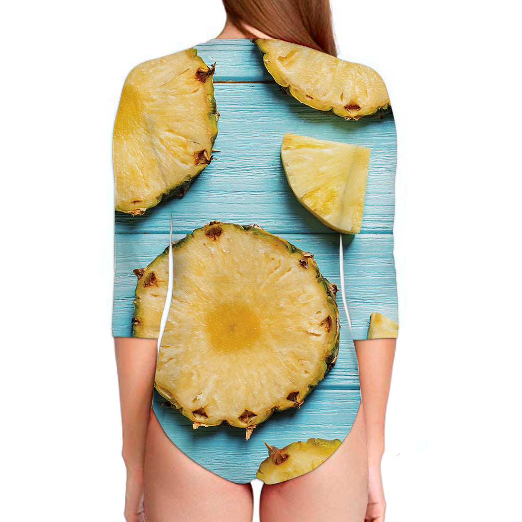 Sliced Pineapple Print Long Sleeve Swimsuit