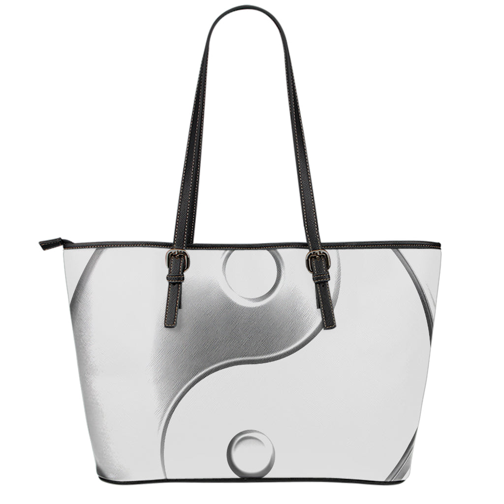 Sliver And White Yin Yang Print Leather Tote Bag