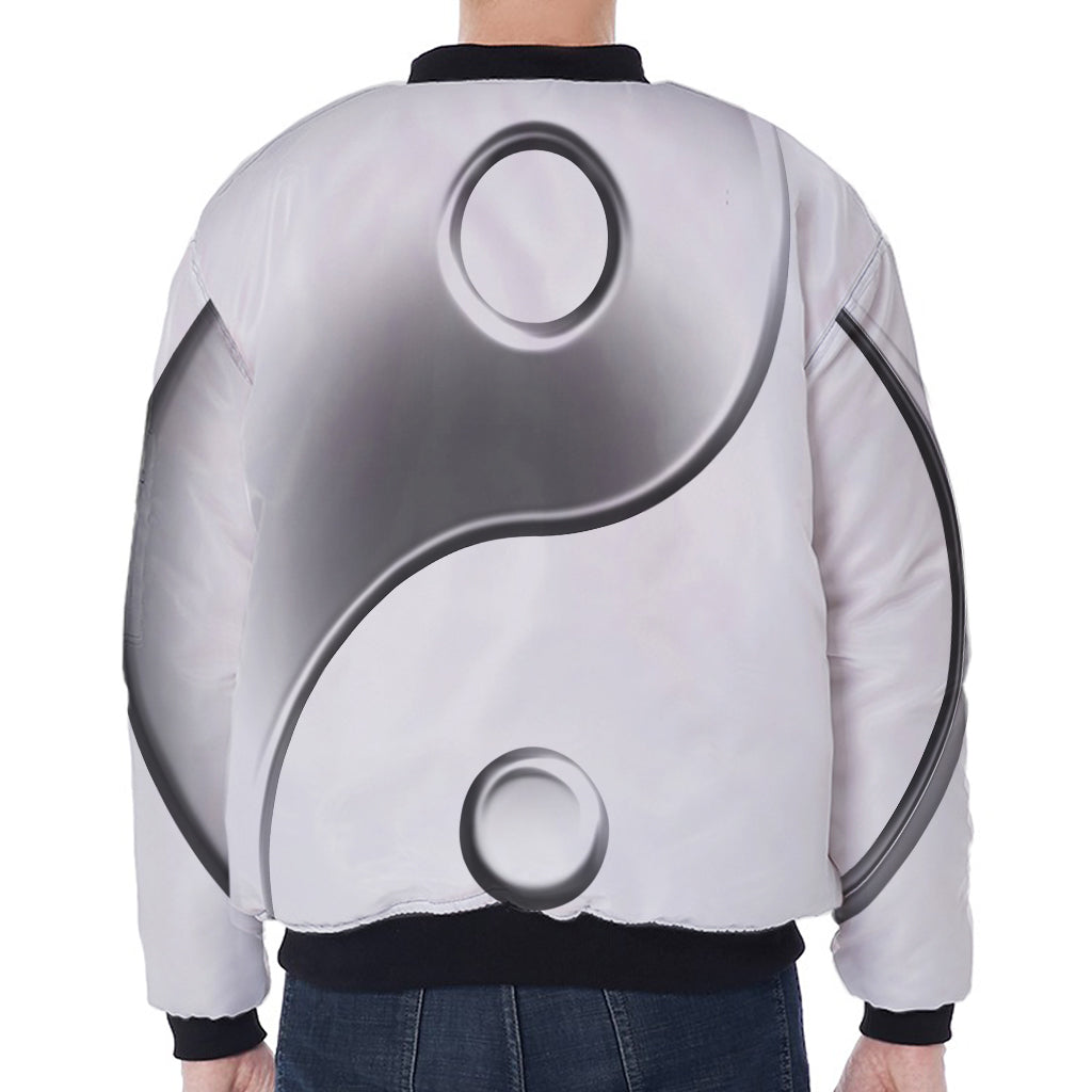 Sliver And White Yin Yang Print Zip Sleeve Bomber Jacket