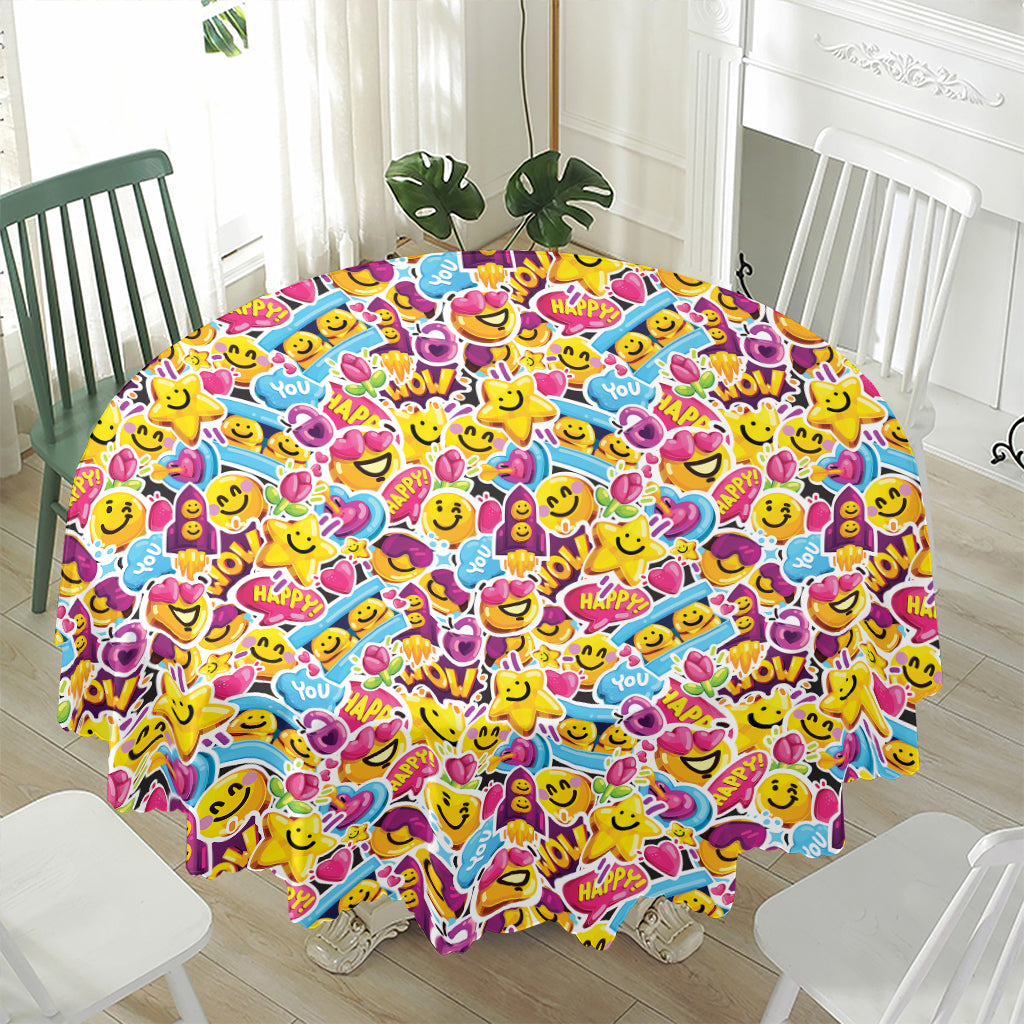 Smiley Faces Emoji Pattern Print Waterproof Round Tablecloth