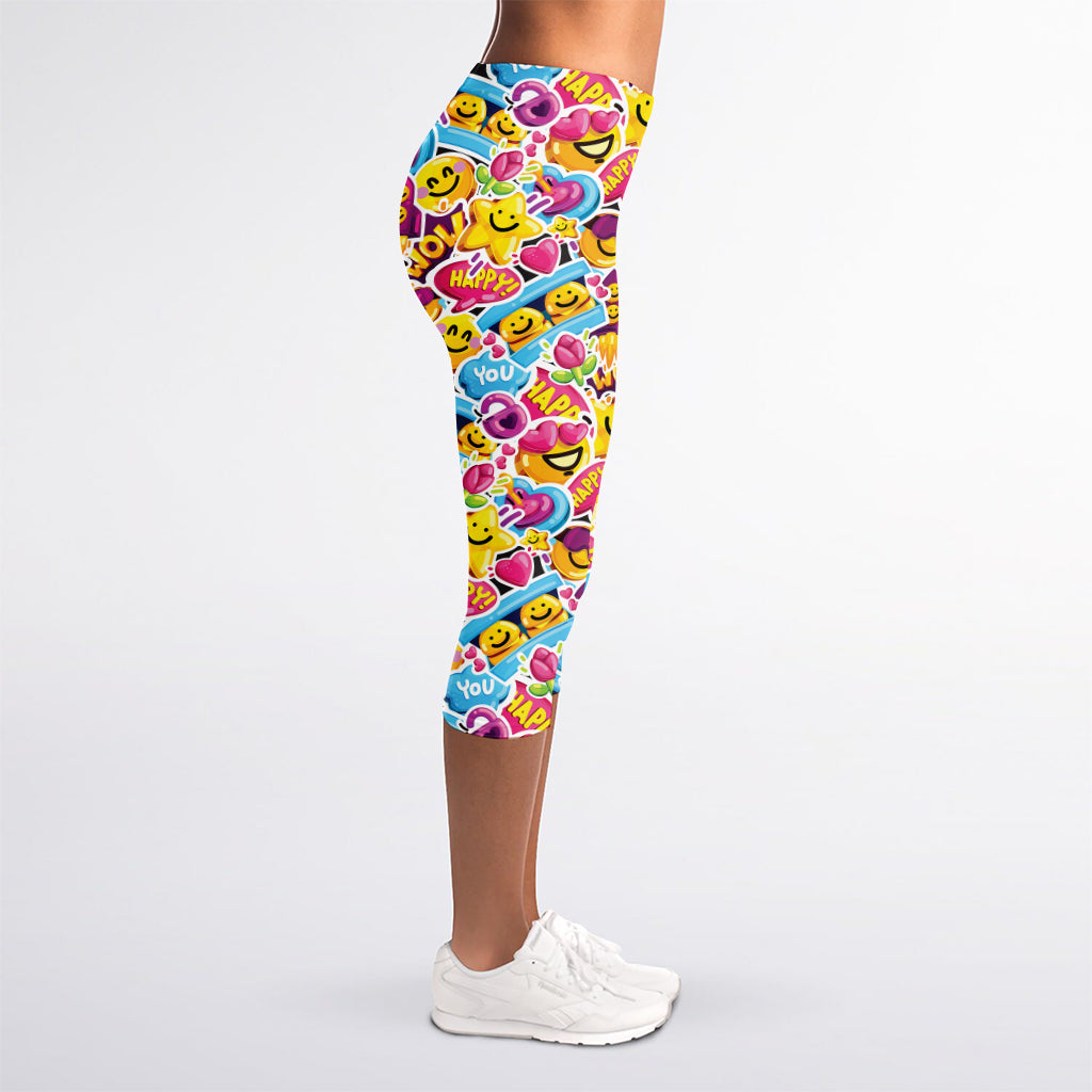 Smiley Faces Emoji Pattern Print Women's Capri Leggings