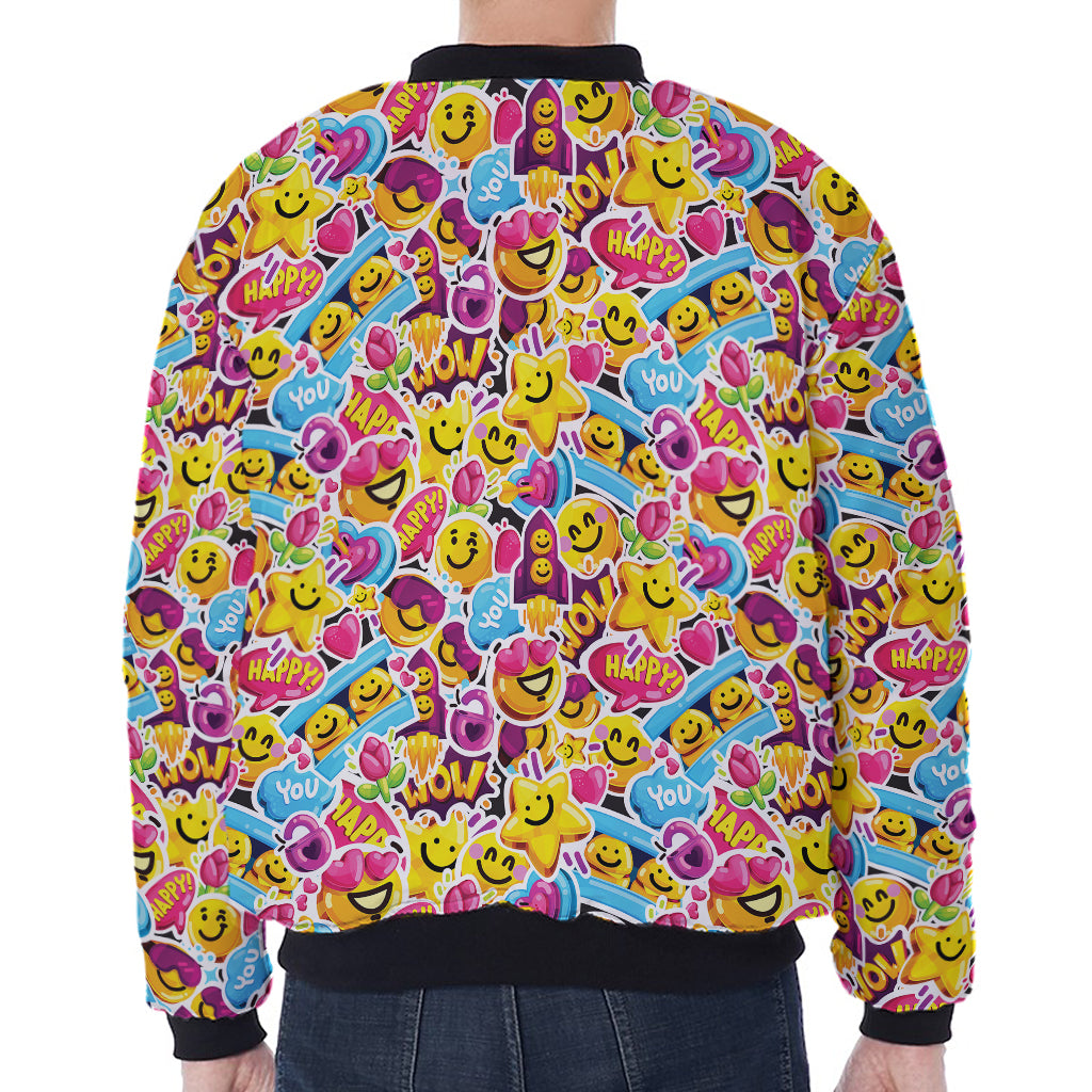 Smiley Faces Emoji Pattern Print Zip Sleeve Bomber Jacket