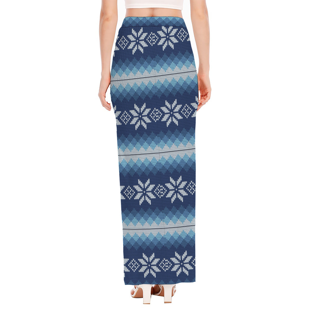Snow Flower Knitted Pattern Print High Slit Maxi Skirt