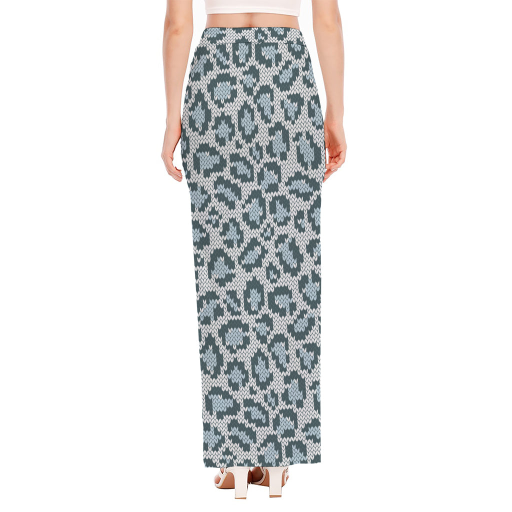 Snow Leopard Knitted Pattern Print High Slit Maxi Skirt