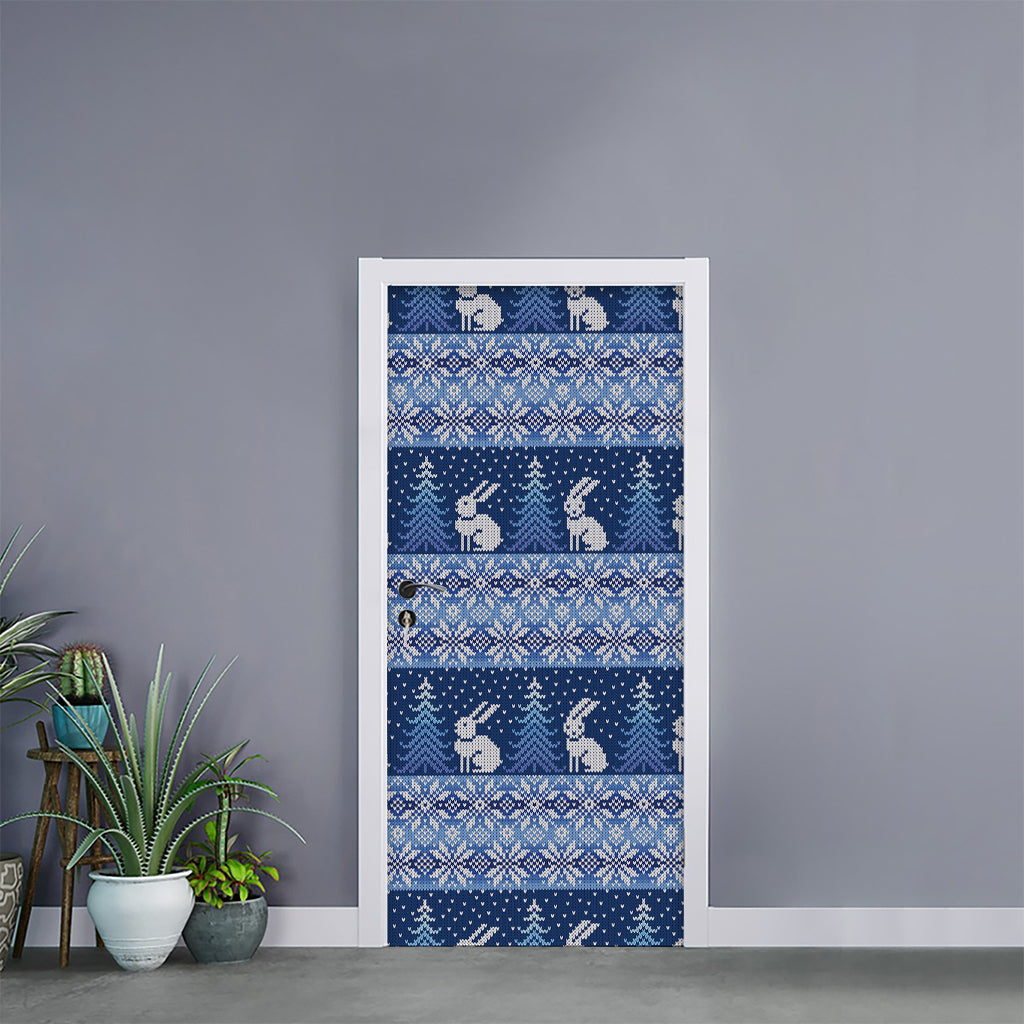 Snow Rabbit Knitted Pattern Print Door Sticker