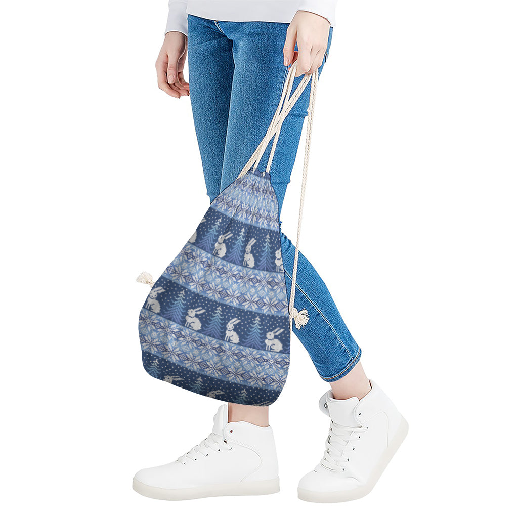 Snow Rabbit Knitted Pattern Print Drawstring Bag