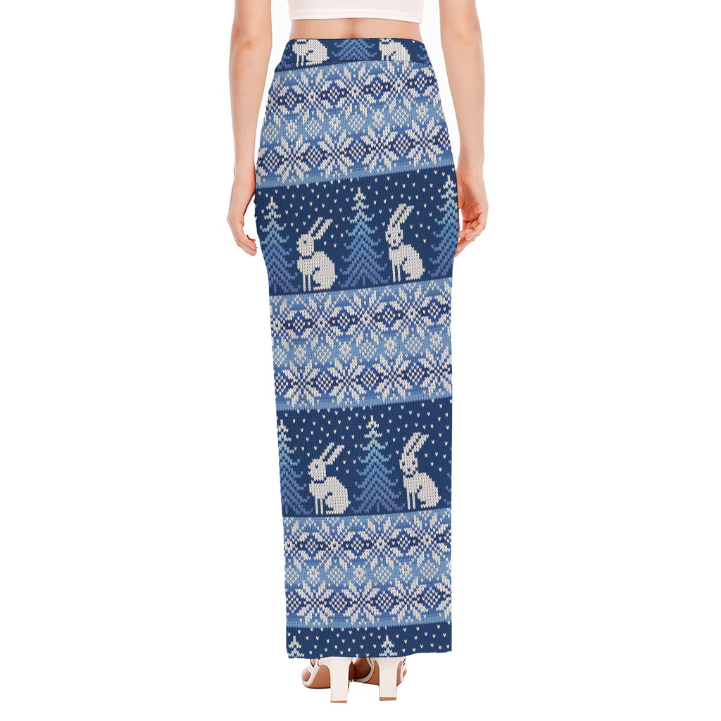 Snow Rabbit Knitted Pattern Print High Slit Maxi Skirt